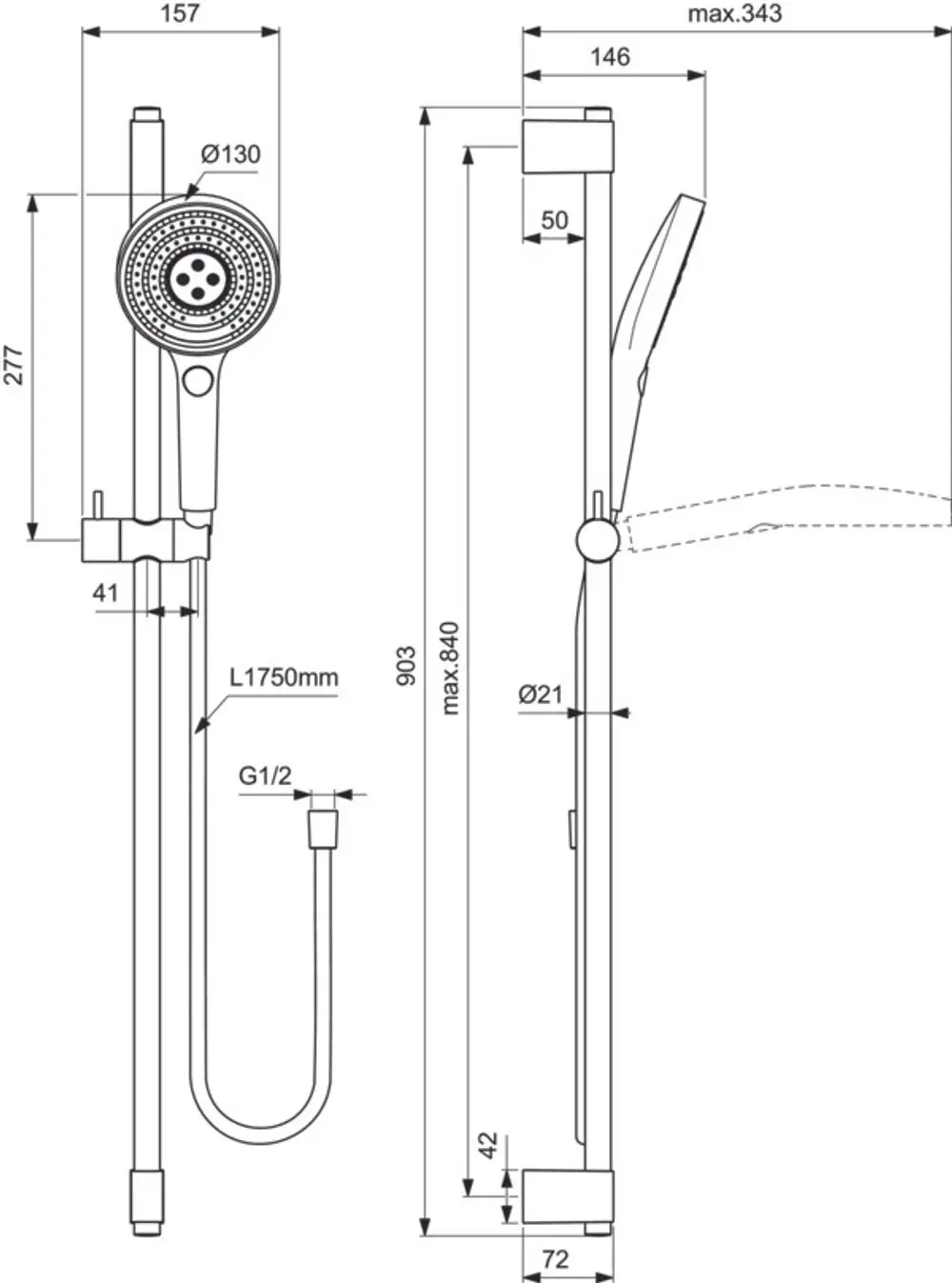 Brausekombination von Ideal Standard mit Handbrause, Verbindungsrohren und Wandhalterung. Skizze zeigt Maße und Anschlussdetails für Installation.